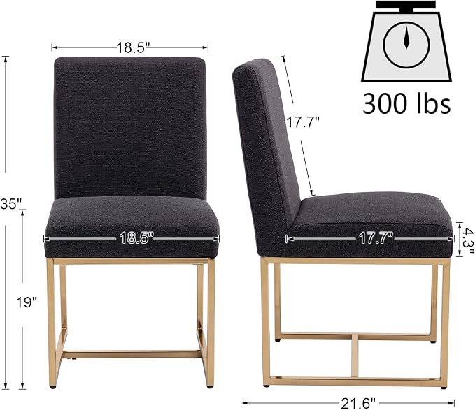 VESCASA Linen Upholstered Dining Chairs Set of 2, Mid Century Modern Padded Chair with Gold Metal Frame for Restaurant, Dining Room, Kitchen, Charcoal