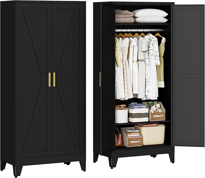 71 "H Wardrobe Closet with Doors, Metal Wardrobe Cabinet with 2 Doors and 2 Adjustable Shelves, Armoire Wardrobes Closet with Hanging Rod, Closets for Bedroom, Laundry Room, Black