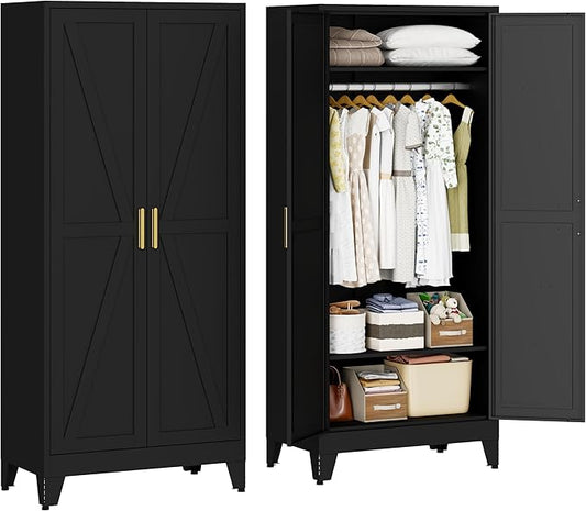 71 "H Wardrobe Closet with Doors, Metal Wardrobe Cabinet with 2 Doors and 2 Adjustable Shelves, Armoire Wardrobes Closet with Hanging Rod, Closets for Bedroom, Laundry Room, Black