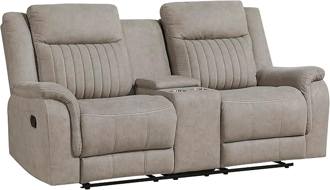 Lexicon Manual Double Reclining Loveseat, Polished Microfiber Manual Wall Hugger Loveseat Recliner for Living Room, Center Storage Console/Cup Holders, Easy Assembly, Dove