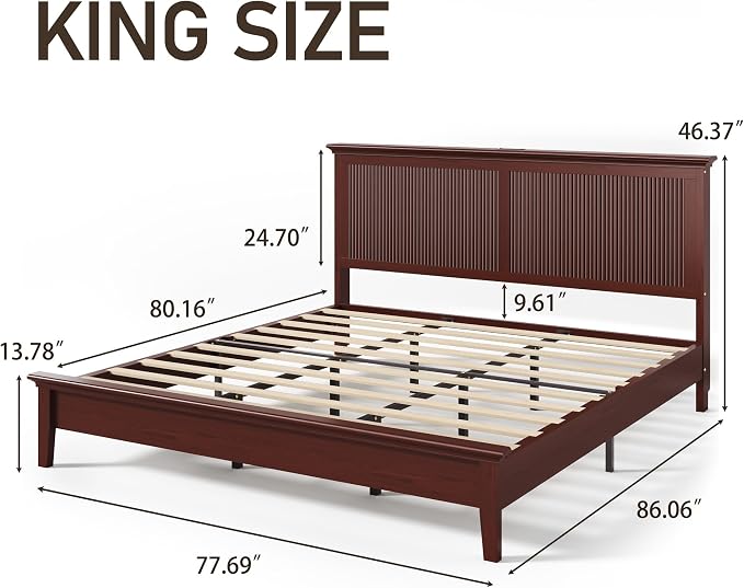 Lifezone King Bed Frame with Headboard, Solid Wood Bed Frame King Size with Charging Station & RGB LED, Wood Slats Support, Noise-Free, Sturdy Structure, Easy Assembly, Mahogany