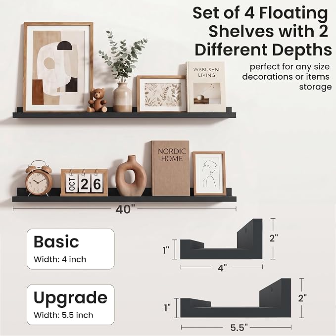 Axeman Picture Ledge Shelf | 40 Inch Floating Shelves Set of 4 | Black Wall Shelves with Lip | Black Picture Shelf for Wall with Ledge | Wood Photo Ledges for Living Room Bedroom