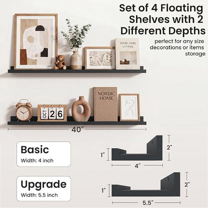 Axeman Picture Ledge Shelf | 40 Inch Floating Shelves Set of 4 | Black Wall Shelves with Lip | Black Picture Shelf for Wall with Ledge | Wood Photo Ledges for Living Room Bedroom