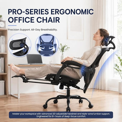 MALOL Ergonomic Mesh Office Chair with Footrest, High Back Desk Chair with 5-Level Adjustable Lumbar Support, 3D Headrest, 130° Reclining Backrest, Adaptive Armrests, Home Office Computer Chair, Black