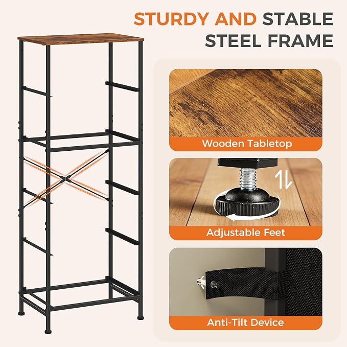 DUMOS Nightstand with 5 Drawers, Bedside Table with Removable Fabric Bins, Sturdy Steel Frame Wood Top Skinny Dresser for Bedroom Nursery Closet Living Room, Rustic Brown