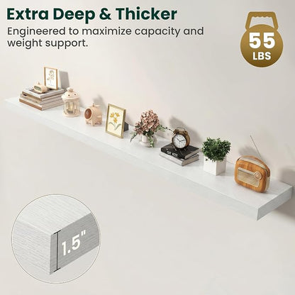 Floating Shelves for Wall, 72 Inch x 8 Inch Deep Wall Mounted Wood Shelf with Invisible Brackets for Storage & Display, Living Room Bedroom Kitchen, White, Set of 2