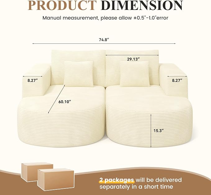 Modular Sectional Sofa Bed,Convertible Cloud Couches for Living Room,2 Chaise Corduroy Boneless Couch Sleeper Sofa Set,Oversized Chaise Lounge Chair for Bedroom,No Assembly Required,Beige 1PCS