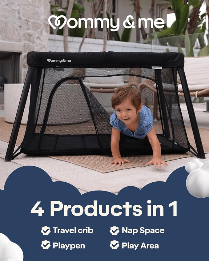 Mommy&Me Travel Crib for Baby and Toddler, Black | Lightweight 14 lb, Portable Playard, Folds in Seconds with Carry Bag, Breathable Mesh Sides, Easy Side-Zip Access