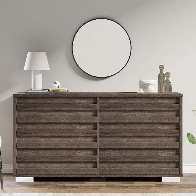 AMERLIFE 2-Piece Farmhouse Bedroom Set, Queen Size Bed Frame and 6 Drawer Dresser, Platform Bed with 49" Fluted Headboard, 54" Wide Wood Chest of Drawer for Bedroom, Grey