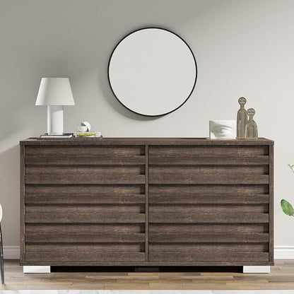 AMERLIFE 2-Piece Farmhouse Bedroom Set, Queen Size Bed Frame and 6 Drawer Dresser, Platform Bed with 49" Fluted Headboard, 54" Wide Wood Chest of Drawer for Bedroom, Grey