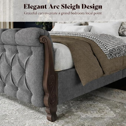 AMERLIFE Upholstered King Bed Frame, 53" Tall Sleigh Bed with Button Tufted Chenille Headboard and Footboard, Platform Bed with Carved Solid Wood Legs, No Box Spring Needed, Dark Gray