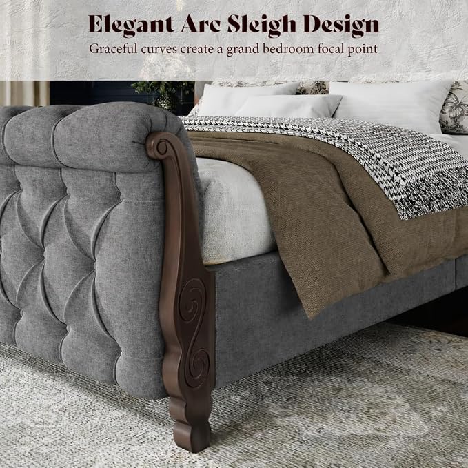 AMERLIFE Upholstered California King Bed Frame, 53" Tall Sleigh Bed with Button Tufted Chenille Headboard and Footboard, Platform Bed with Carved Solid Wood Legs, No Box Spring Needed, Dark Gray