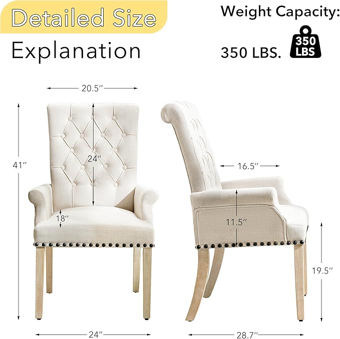adochr Dining Chairs with Arms, Upholstered Linen Dining Room Chairs with Solid Wood Legs, Accent Armchair for Kitchen Dining Living Room, Beige
