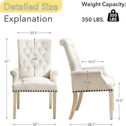 adochr Dining Chairs with Arms, Upholstered Linen Dining Room Chairs with Solid Wood Legs, Accent Armchair for Kitchen Dining Living Room, Beige
