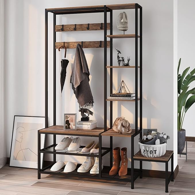 Espelism Hall Tree with Shoe Storage Bench Coat Rack with 7 Hooks Interchangeable 4 Tier Side Storage Shelves Small Cute Side Bench Industrial 5-in-1 Entryway Coat Rack for Hallway Mudroom Bedroom