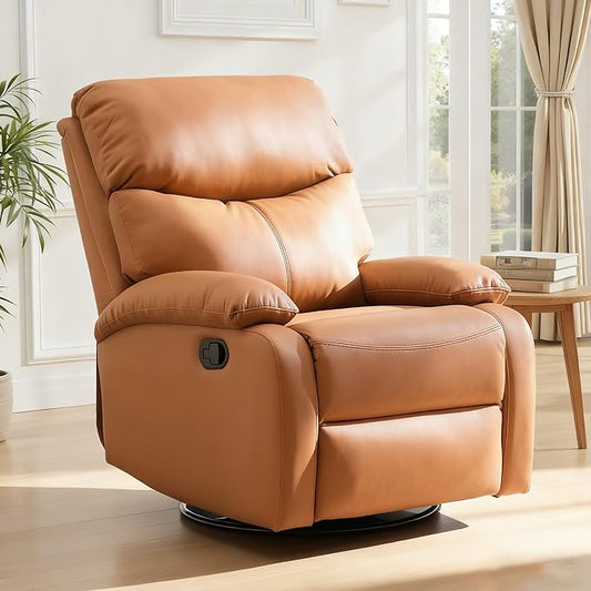 Genuine Leather Rocker Recliner Modern Manual Swivel Glider Recliner with Adjustable Backrest & Footrest Wall Hugger Swivel Rocking Recliner Chair for Modern Living Room and RV Warm Brown