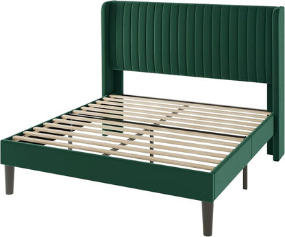 Allewie Full Size Bed Frame/Velvet Upholstered Platform Bed/Vertical Channel Tufted Wingback Headboard/Strong Wooden Slats/No Box Spring Needed/Easy Assembly/Green