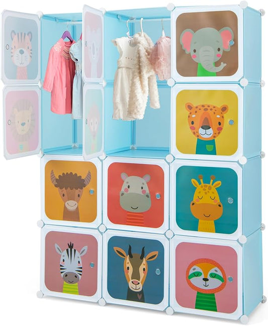 HONEY JOY Kids Wardrobe Closet, Baby Cartoon Clothes Storage Organizer, 12 Cubes & 2 Hanging Sections, Portable Children DIY Modular Bedroom Armoire Dresser Cabinet for Boys Girls (Blue)