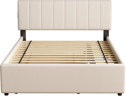 Full Size Upholstered Platform Bed with Pull-Out Trundle Bed | Twin Size Trundle, LED Lighting Controlled by APP, USB+Type-C Charging Ports, Chenille Upholstered Bed Frame,Beige