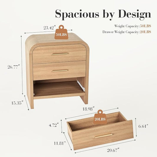 Night Stand Set of 2 [Unique Curved Profile] [FSC-Certified Wooden Board] 3-Drawer Nightstand 26.7" H Metal Handle Modern Sturdy Bedside Table Side Table End Table