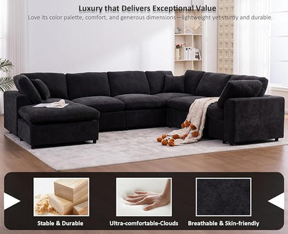 Oversized Modular Sectional Sofa Couch, Large 7 Seater Corner Sofa Modern U Shaped Sectional Couch with Ottoman Cloud Couches for Living Room, Office, Spacious Space, Black
