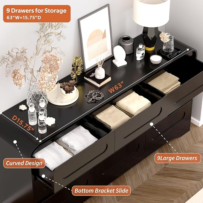 9 Drawer Dresser and Nightstand Sets for Bedroom, 3 Piece Bedroom Set | Wood 9 Drawer Dresser & Night Stand Set of 2, Large Chest of Drawers Modern Storage Cabinet Bedroom Furniture Set, Black
