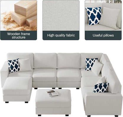 Legend Vansen Oversized Modular Sectional Sofa,U/L‑Shaped Reversible Couch with Ottoman,Deep Seat Plush Polyester Sofa for Living Room,8‑Seater,Cream