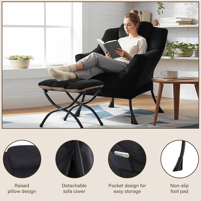 Welnow Lazy Chair with Ottoman, Modern Accent Chair with Armrests and a Side Pocket, Leisure Sofa Armchair, Reading Armchair with Footrest for Small Space, Black
