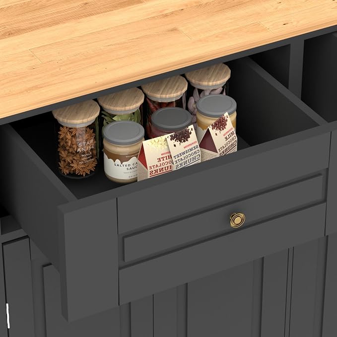 51 Kitchen Island Cart with Drop Leaf Breakfast Bar, Rolling Mobile Kitchen Island Table on Wheels with Storage Cabinet, Drawer, Spice/Towel Rack, Black