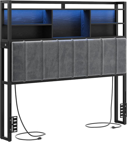 Hzuaneri Headboard with 3-Tier Storage Shelves, Velvet Upholstered Head Board with 2 Outlets, USB Ports & LED Light, Soft Backrest for Full Size Bed, Black BH13804B