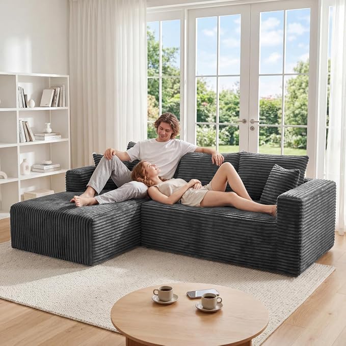 92.5" Modualr Sectional Sofa, L-Shaped Corduroy Cloud Couch with Chaise, Upholstered Boneless Couches for Living Room Bedroom, No Assembly Required - Grey(Left Facing Chaise)