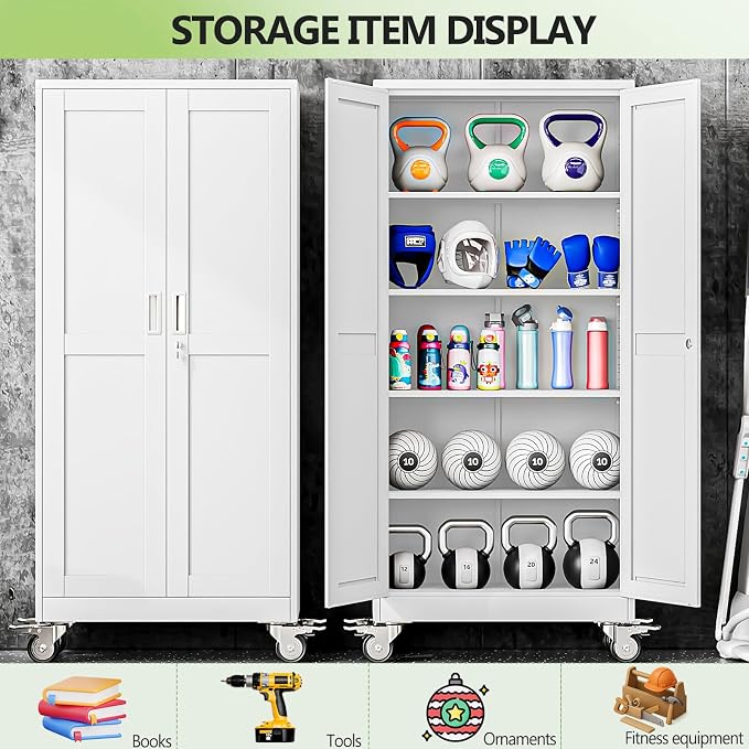 Metal Garage Storage Cabinet, 71”Tall Rolling Utility Cabinet White | storage system with Wheels, Lock, 4 Adjustable Shelves, Heavy Duty Steel Tool Locker for Home Office, Utility Room, Gym