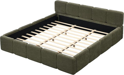 Merax King Size Boucle Platform Bed with Thick Headboard and Footboard, Block Style Upholstery Floor Bed Frame, Green