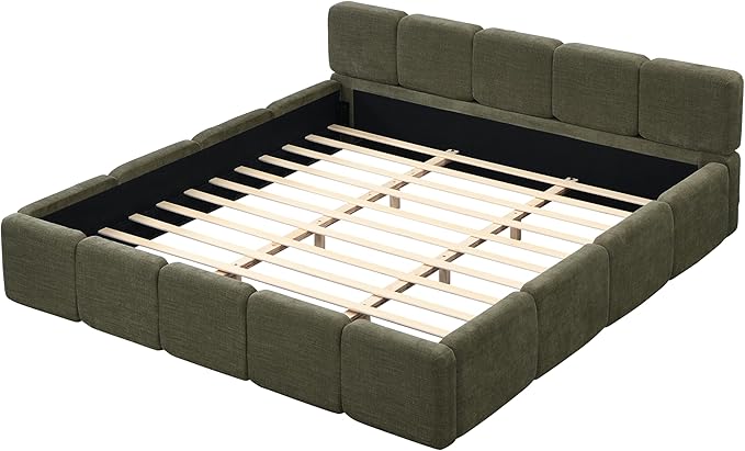 Merax King Size Boucle Platform Bed with Thick Headboard and Footboard, Block Style Upholstery Floor Bed Frame, Green