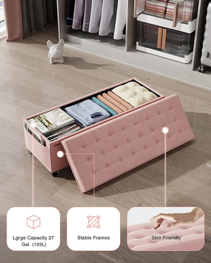 ABHENG Velvet Storage Ottoman Bench with Legs - 770 lb Capacity, 15.7"L x 43"W x 15.7"H for Bedroom, Living Room, Entryway - Jelly Pink