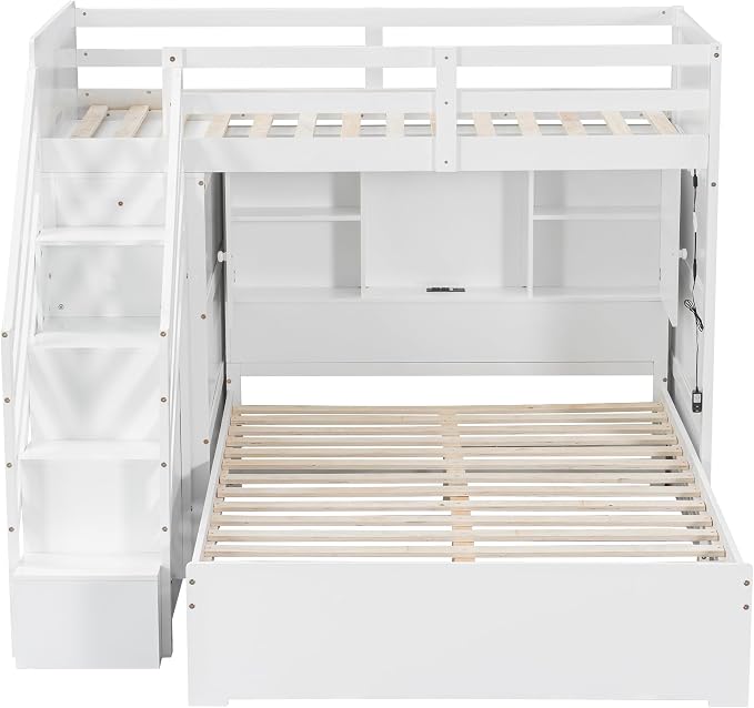 RUNNA Twin Over Full Bunk Bed with Storage Stairs,USB,Light,White | Twin over full bunk bed with storage stairs, USB charging station, light, solid wood, guardrails, no box spring needed, white