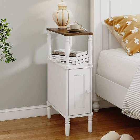 Veegle Narrow Nightstand, Skinny End Side Table(White) | Mid-Century Modern Nightstand with Storage,bedside table for Bedroom and Living Room