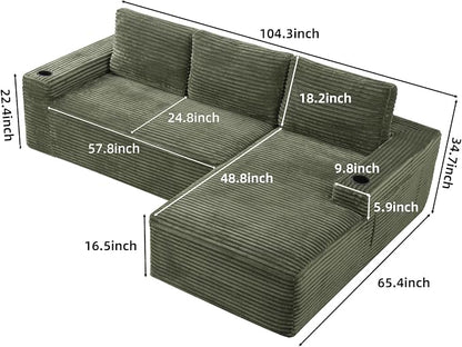 104" L Shaped Boneless Sectional Couches for Living Room, Comfy Corduroy Floor Cloud Sofa with Chaise and Cup Holder, Wide Armrest, Deep Seat, Assembly Free, Ideal for Small Spaces, Green