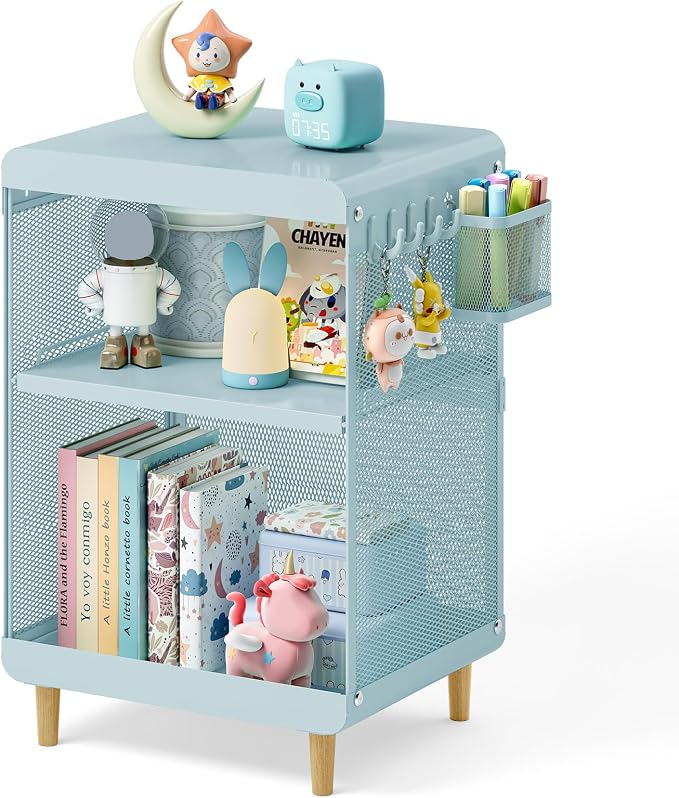 SYKIARIOL Kids Nightstand for Girls, Metal Bedside Table with 4 Hooks & Hanging Basket, 3-Tier Storage Shelf, Toddler Night Stand for Bedroom, Mint Green
