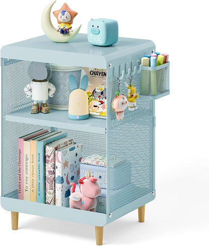 SYKIARIOL Kids Nightstand for Girls, Metal Bedside Table with 4 Hooks & Hanging Basket, 3-Tier Storage Shelf, Toddler Night Stand for Bedroom, Mint Green
