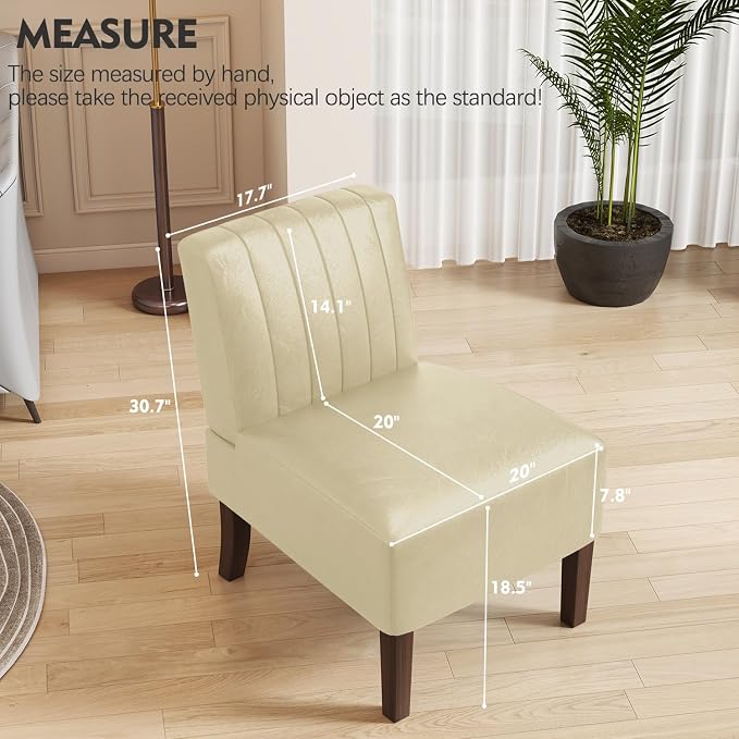 Armless Accent Chairs Set of 2 Upholstered Dining Chairs Living Room Chairs with Solid Wood Legs Bedroom Chair Leather Reading Chair Comfy Chair for Bedroom Vanity Kitchen (Beige)