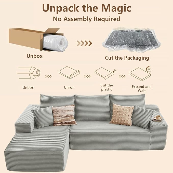 96" Modular Sectional Sofa, Modern Corduroy Cloud Couch with Deep Seat, Boneless Couch Upholstered 3-Seater L-Shaped Sofa for Living Room, No Assembly Required (Light Gray, Left-Facing Chaise)