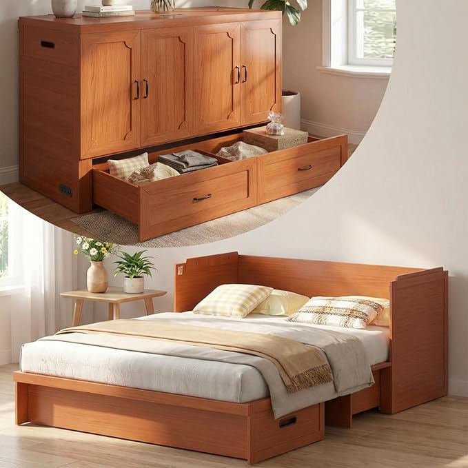 CECER Queen Murphy Bed with Mattress for Small Space/Guest-Maroon | Large Storage Drawer ＆ Built-in Multi-Port Charging Station，Space Saving ＆ Easy Assemble and Conversion