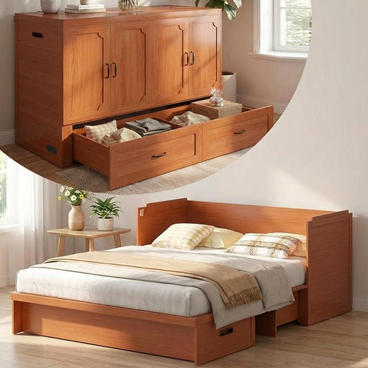CECER Queen Murphy Bed with Mattress for Small Space/Guest-Maroon | Large Storage Drawer ＆ Built-in Multi-Port Charging Station，Space Saving ＆ Easy Assemble and Conversion