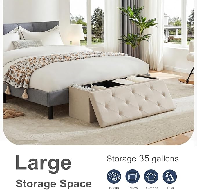 DUMOS 43 Inch Folding Storage Ottoman Bench, Spacious Hidden Organizer with Foam Cushioned Top, End of Bed Foot Rest Stool for Bedroom Living Room Entryway, Supports Up to 660 LBS, Linen Fabric, Beige