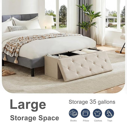 DUMOS 43 Inch Folding Storage Ottoman Bench, Spacious Hidden Organizer with Foam Cushioned Top, End of Bed Foot Rest Stool for Bedroom Living Room Entryway, Supports Up to 660 LBS, Linen Fabric, Beige