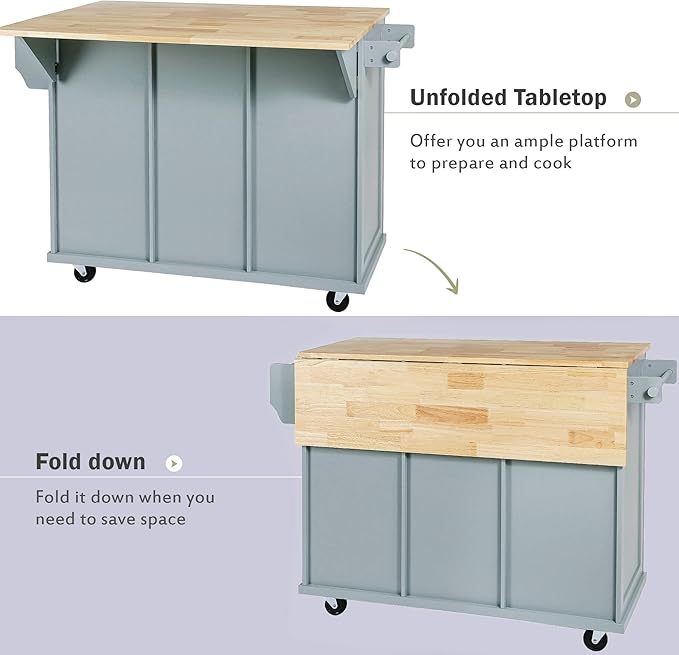 Large Kitchen Island with Rubber Wood Drop Leaf, Rolling Kitchen Cart with Ample Storage on Wheels with Doors and Drawers for Dining Room (Modern Grey Blue, Black Handle, 53Inch)