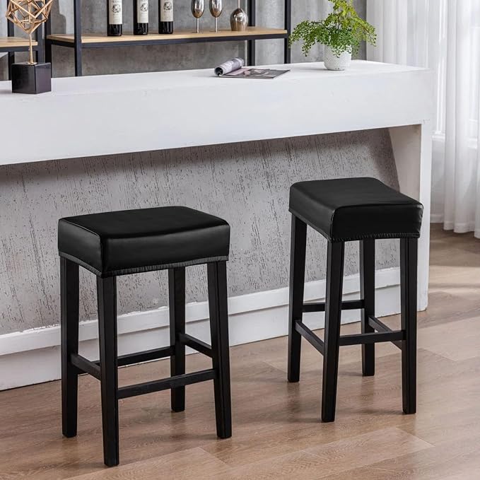 YISUN Stool Covers Rectangle - 4 Pack Stretch Waterproof Saddle Seat Cover Counter Bar Stools Bar Chairs Covers Kitchen Island Chairs Cushion Protector (2, PU Leather-Black)