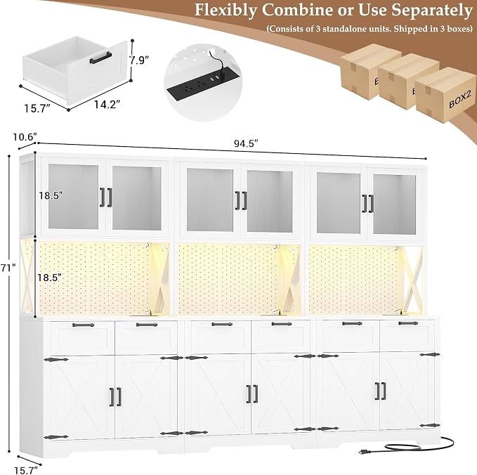 Unikito 94.5" Extra Wide Kitchen Pantry Cabinet with 3 Power Outlets & LED Light, 71" Tall Large Kitchen Hutch Cabinet with Countertop, DIY Pegboard with Hooks & Drawers, Farmhouse Food Pantry, White