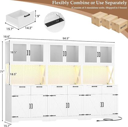 Unikito 94.5" Extra Wide Kitchen Pantry Cabinet with 3 Power Outlets & LED Light, 71" Tall Large Kitchen Hutch Cabinet with Countertop, DIY Pegboard with Hooks & Drawers, Farmhouse Food Pantry, White